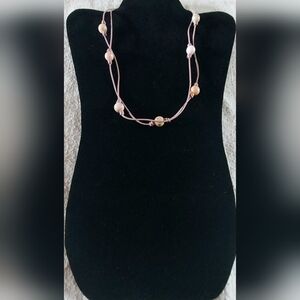 Handmade White/Cream Bead And Light Pink Leather Necklace